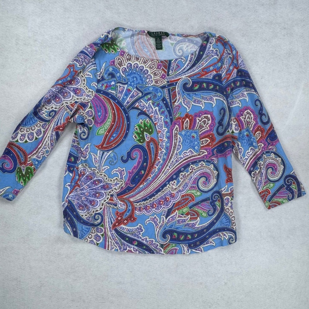 Lauren Ralph Lauren XL Blue Paisley Cotton‎ Modal 3/4 Sleeve Button Side Top